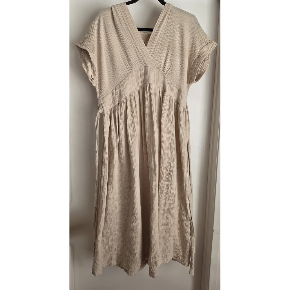 Hello Miz Women Large Maxi Dress Beige Solid Cotton Short Sleeve Long Gown